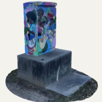 A three-quarter view shows a painted utility box mounted on a rectangular concrete base. The mural uses bright blues, greens, pinks, and purples to depict several Black musicians playing instruments, including a guitar, saxophone, and drums, within overlapping curved shapes.